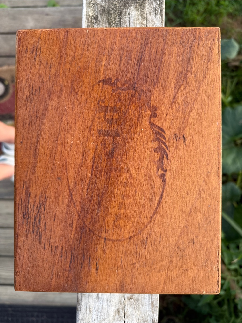 Vintage Brown Wood Decorative Box with Engraved Crest